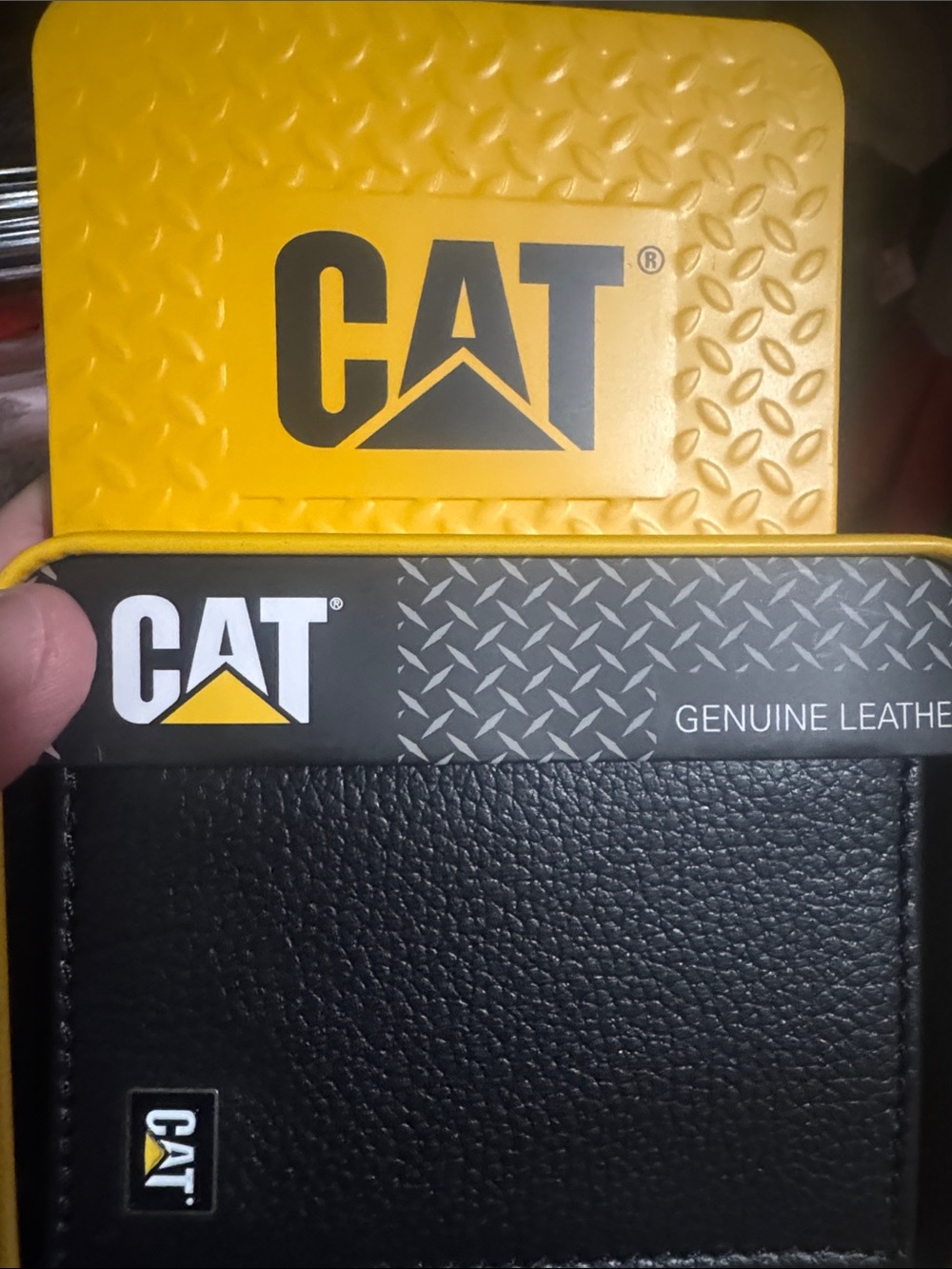 New in Tin Box CAT Genuine Leather Black Trifold Wallet - Yellow Accent